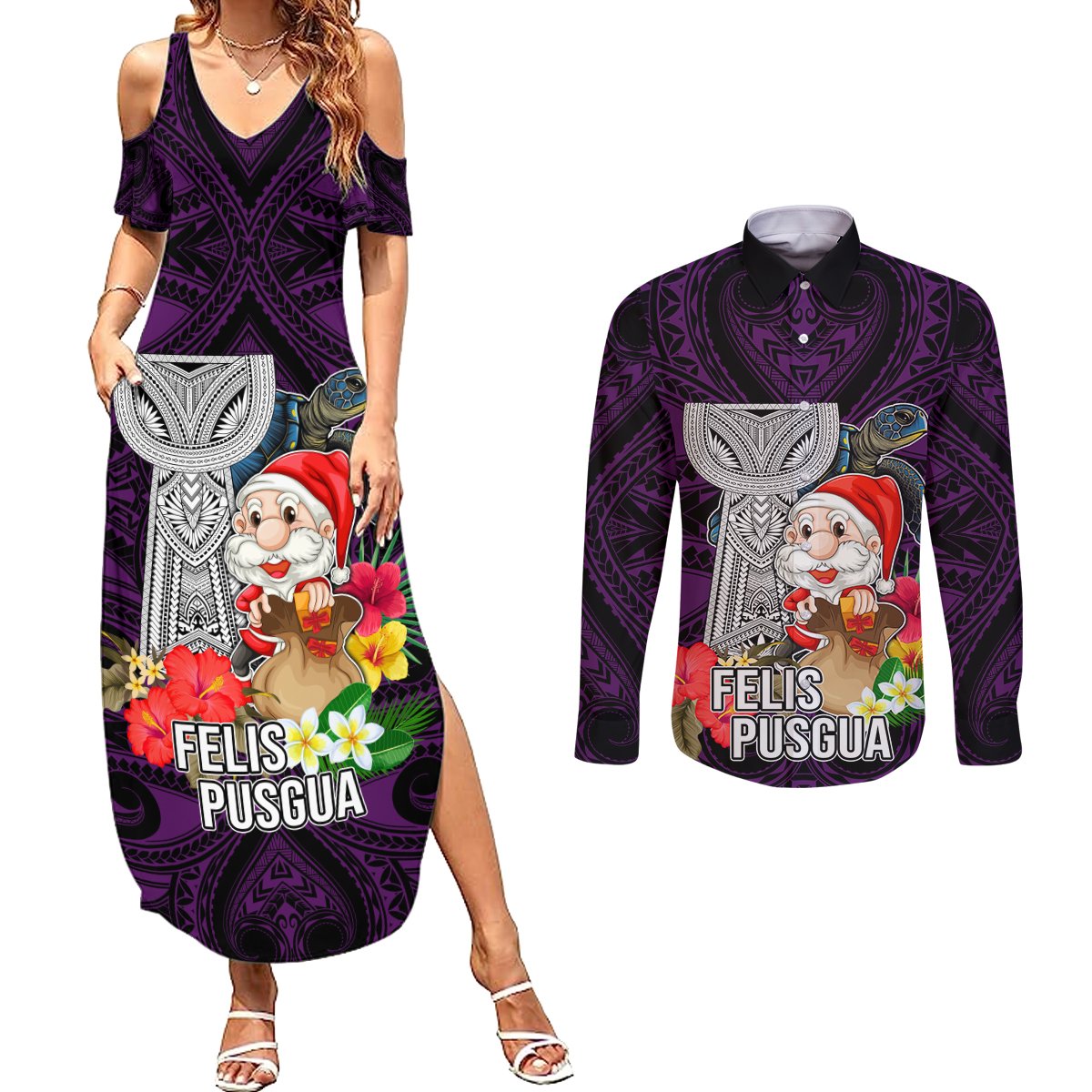 Guam Christmas Couples Matching Summer Maxi Dress and Long Sleeve Button Shirt Santa Gift Latte Stone and Sea Turle Mix Hibiscus Chamorro Pink Style LT03 Pink - Polynesian Pride