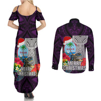 Guam Christmas Couples Matching Summer Maxi Dress and Long Sleeve Button Shirt Santa Gift Latte Stone and Sea Turle Mix Hibiscus Chamorro Pink Style LT03 - Polynesian Pride