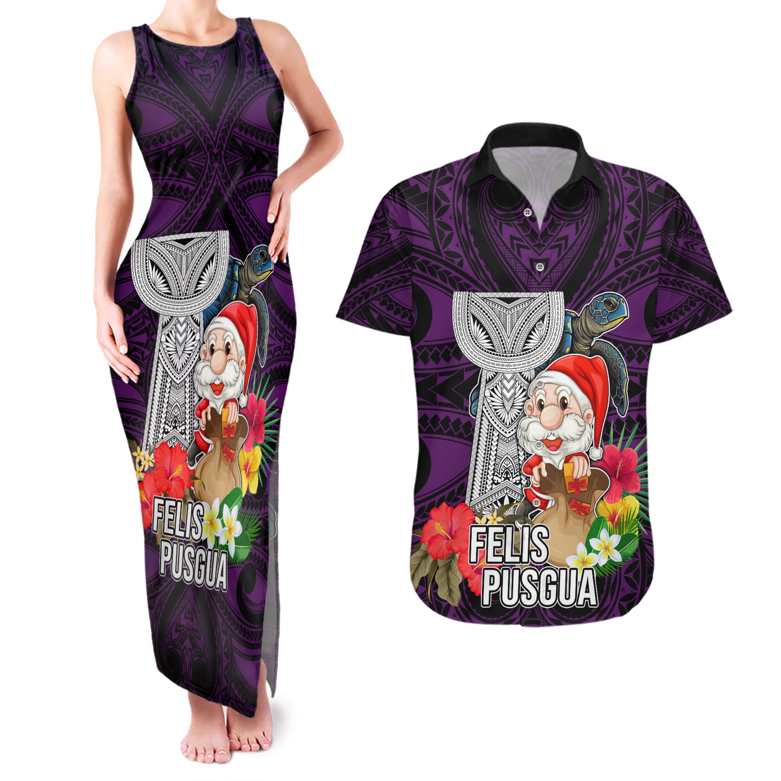 Guam Christmas Couples Matching Tank Maxi Dress and Hawaiian Shirt Santa Gift Latte Stone and Sea Turle Mix Hibiscus Chamorro Pink Style LT03