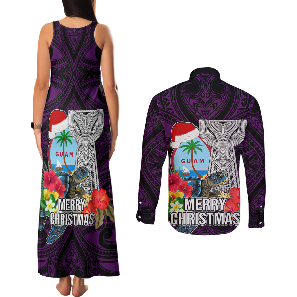 Guam Christmas Couples Matching Tank Maxi Dress and Long Sleeve Button Shirt Santa Gift Latte Stone and Sea Turle Mix Hibiscus Chamorro Pink Style LT03 - Polynesian Pride