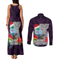 Guam Christmas Couples Matching Tank Maxi Dress and Long Sleeve Button Shirt Santa Gift Latte Stone and Sea Turle Mix Hibiscus Chamorro Pink Style LT03 - Polynesian Pride