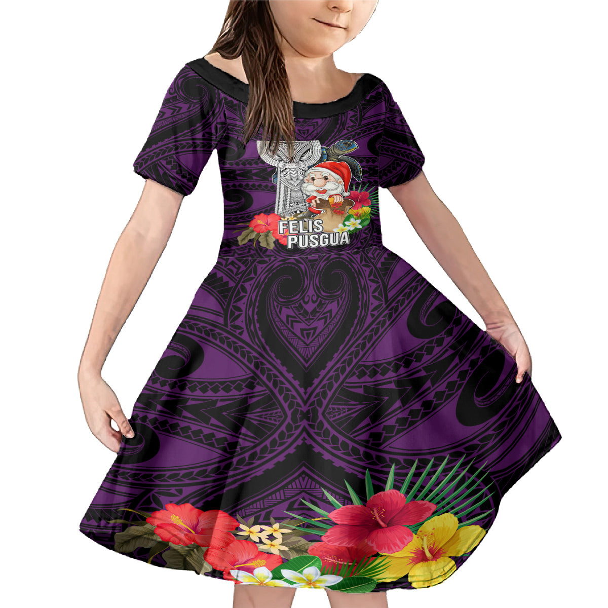 Guam Christmas Family Matching Mermaid Dress and Hawaiian Shirt Santa Gift Latte Stone and Sea Turle Mix Hibiscus Chamorro Pink Style LT03 Daughter's Dress Pink - Polynesian Pride
