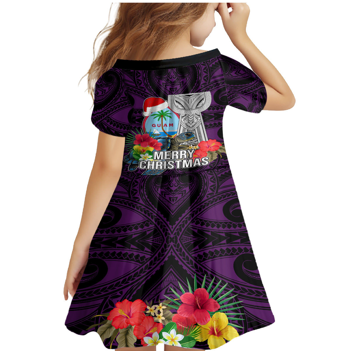 Guam Christmas Family Matching Mermaid Dress and Hawaiian Shirt Santa Gift Latte Stone and Sea Turle Mix Hibiscus Chamorro Pink Style LT03 - Polynesian Pride