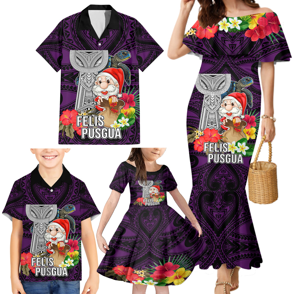 Guam Christmas Family Matching Mermaid Dress and Hawaiian Shirt Santa Gift Latte Stone and Sea Turle Mix Hibiscus Chamorro Pink Style LT03