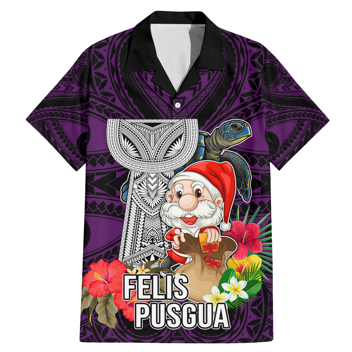 Guam Christmas Family Matching Mermaid Dress and Hawaiian Shirt Santa Gift Latte Stone and Sea Turle Mix Hibiscus Chamorro Pink Style LT03 Dad's Shirt - Short Sleeve Pink - Polynesian Pride