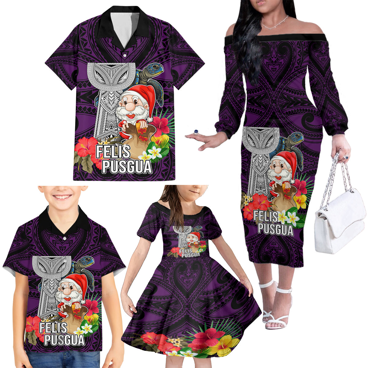 Guam Christmas Family Matching Off Shoulder Long Sleeve Dress and Hawaiian Shirt Santa Gift Latte Stone and Sea Turle Mix Hibiscus Chamorro Pink Style LT03 - Polynesian Pride