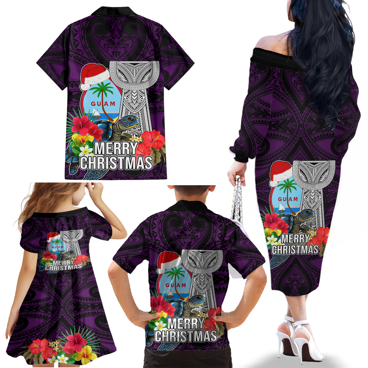 Guam Christmas Family Matching Off Shoulder Long Sleeve Dress and Hawaiian Shirt Santa Gift Latte Stone and Sea Turle Mix Hibiscus Chamorro Pink Style LT03 - Polynesian Pride