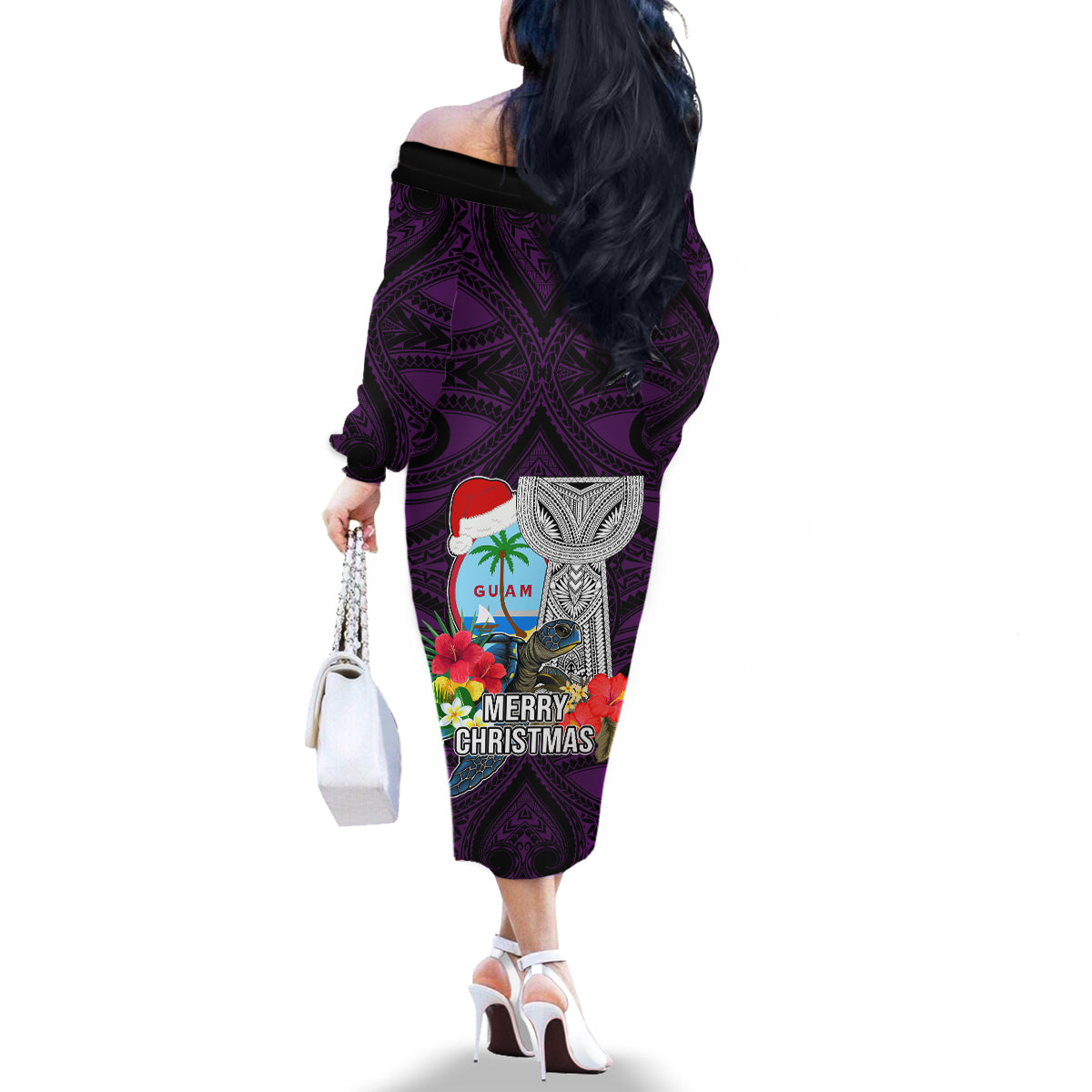 Guam Christmas Family Matching Off Shoulder Long Sleeve Dress and Hawaiian Shirt Santa Gift Latte Stone and Sea Turle Mix Hibiscus Chamorro Pink Style LT03 - Polynesian Pride