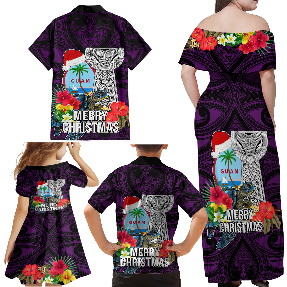 Guam Christmas Family Matching Off Shoulder Maxi Dress and Hawaiian Shirt Santa Gift Latte Stone and Sea Turle Mix Hibiscus Chamorro Pink Style LT03 - Polynesian Pride