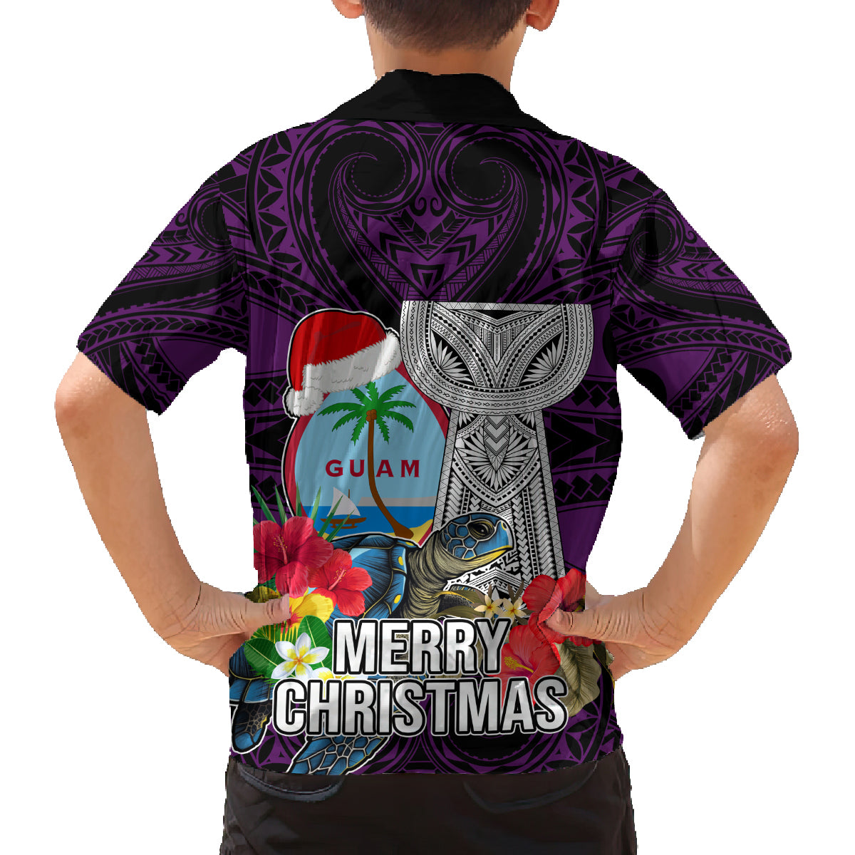 Guam Christmas Family Matching Off Shoulder Short Dress and Hawaiian Shirt Santa Gift Latte Stone and Sea Turle Mix Hibiscus Chamorro Pink Style LT03 - Polynesian Pride