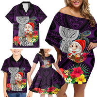 Guam Christmas Family Matching Off Shoulder Short Dress and Hawaiian Shirt Santa Gift Latte Stone and Sea Turle Mix Hibiscus Chamorro Pink Style LT03 - Polynesian Pride