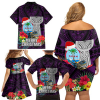 Guam Christmas Family Matching Off Shoulder Short Dress and Hawaiian Shirt Santa Gift Latte Stone and Sea Turle Mix Hibiscus Chamorro Pink Style LT03 - Polynesian Pride