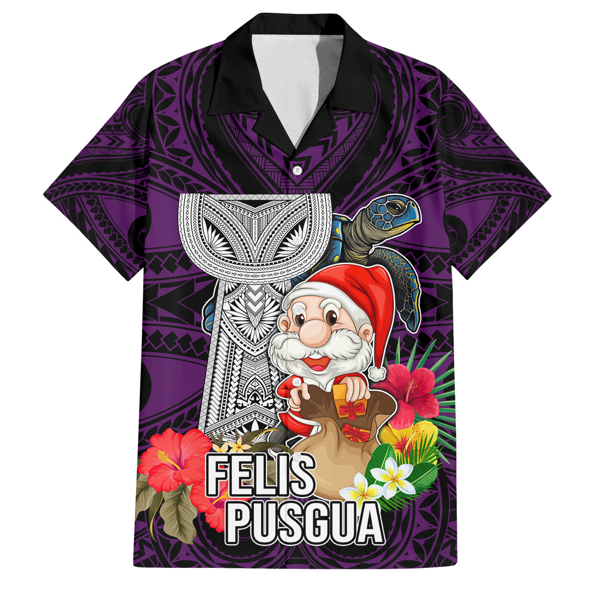 Guam Christmas Family Matching Off Shoulder Short Dress and Hawaiian Shirt Santa Gift Latte Stone and Sea Turle Mix Hibiscus Chamorro Pink Style LT03 Dad's Shirt - Short Sleeve Pink - Polynesian Pride
