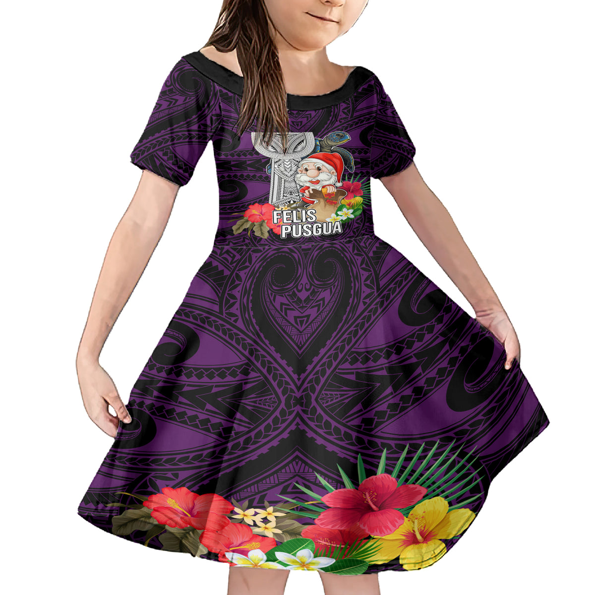 Guam Christmas Family Matching Short Sleeve Bodycon Dress and Hawaiian Shirt Santa Gift Latte Stone and Sea Turle Mix Hibiscus Chamorro Pink Style LT03 Daughter's Dress Pink - Polynesian Pride