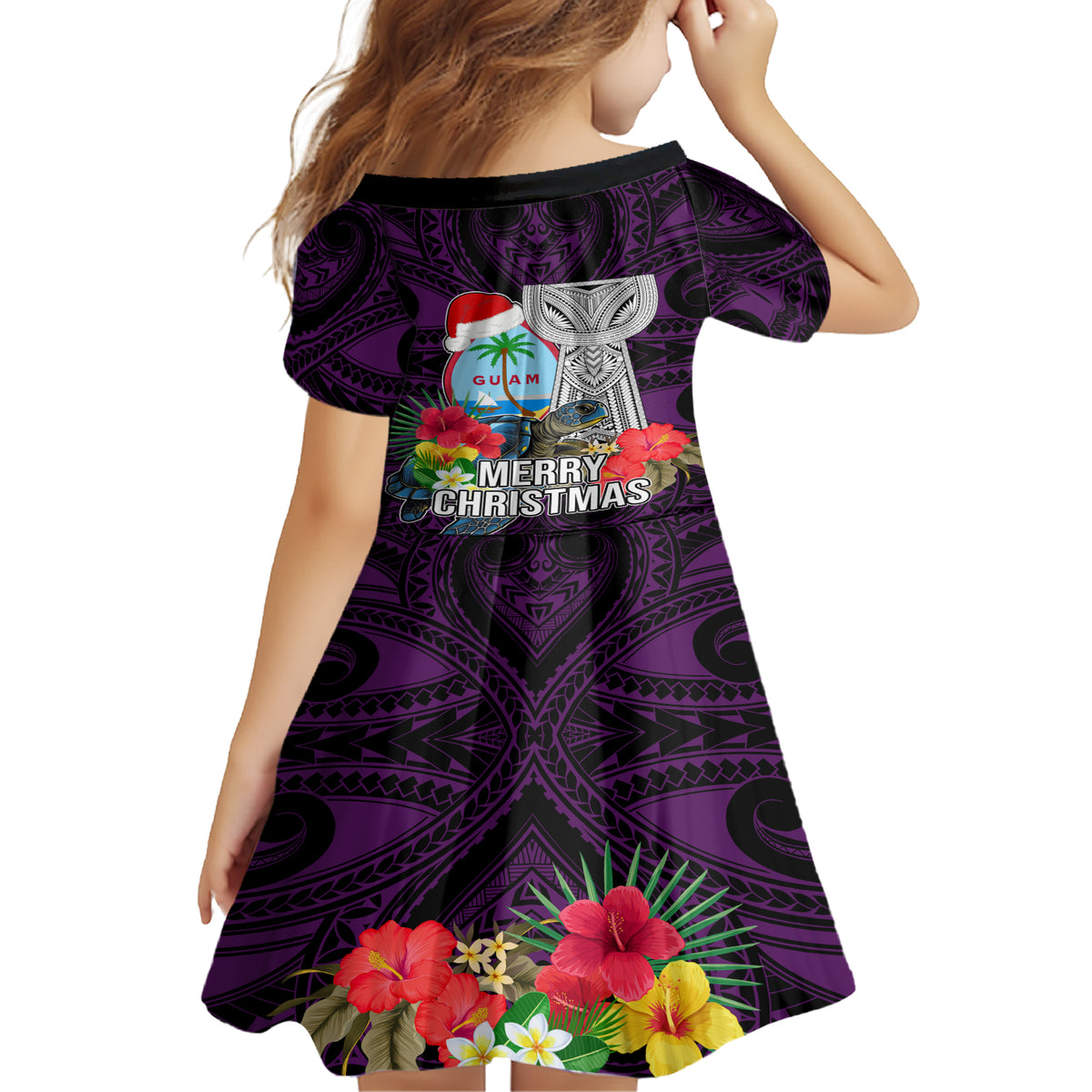 Guam Christmas Family Matching Short Sleeve Bodycon Dress and Hawaiian Shirt Santa Gift Latte Stone and Sea Turle Mix Hibiscus Chamorro Pink Style LT03 - Polynesian Pride