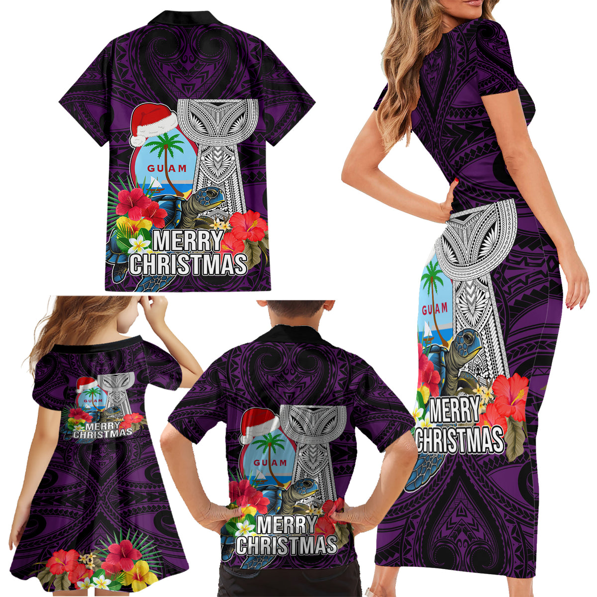Guam Christmas Family Matching Short Sleeve Bodycon Dress and Hawaiian Shirt Santa Gift Latte Stone and Sea Turle Mix Hibiscus Chamorro Pink Style LT03 - Polynesian Pride