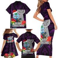 Guam Christmas Family Matching Short Sleeve Bodycon Dress and Hawaiian Shirt Santa Gift Latte Stone and Sea Turle Mix Hibiscus Chamorro Pink Style LT03 - Polynesian Pride