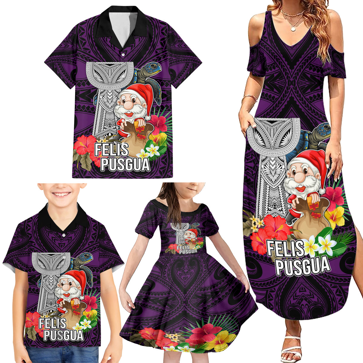 Guam Christmas Family Matching Summer Maxi Dress and Hawaiian Shirt Santa Gift Latte Stone and Sea Turle Mix Hibiscus Chamorro Pink Style LT03 - Polynesian Pride