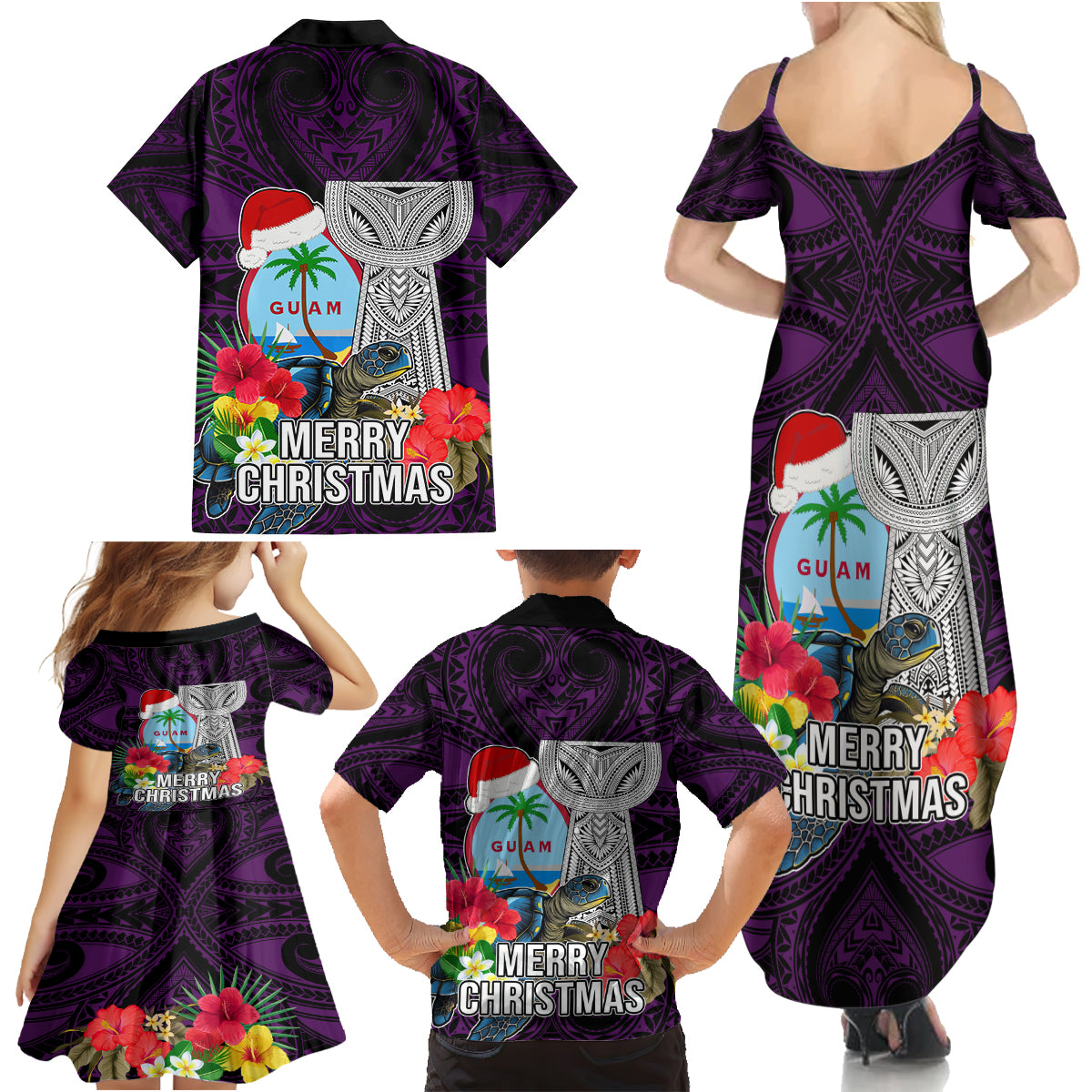 Guam Christmas Family Matching Summer Maxi Dress and Hawaiian Shirt Santa Gift Latte Stone and Sea Turle Mix Hibiscus Chamorro Pink Style LT03 - Polynesian Pride