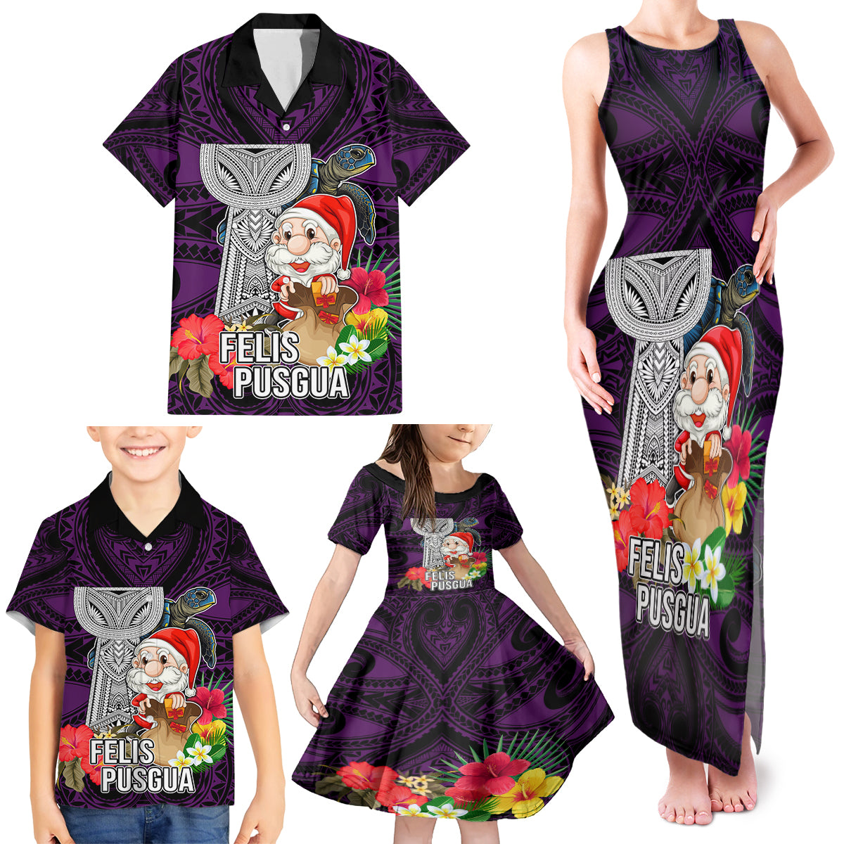 Guam Christmas Family Matching Tank Maxi Dress and Hawaiian Shirt Santa Gift Latte Stone and Sea Turle Mix Hibiscus Chamorro Pink Style LT03 - Polynesian Pride