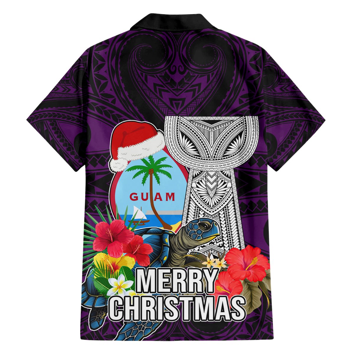 Guam Christmas Hawaiian Shirt Santa Gift Latte Stone and Sea Turle Mix Hibiscus Chamorro Pink Style LT03 - Polynesian Pride
