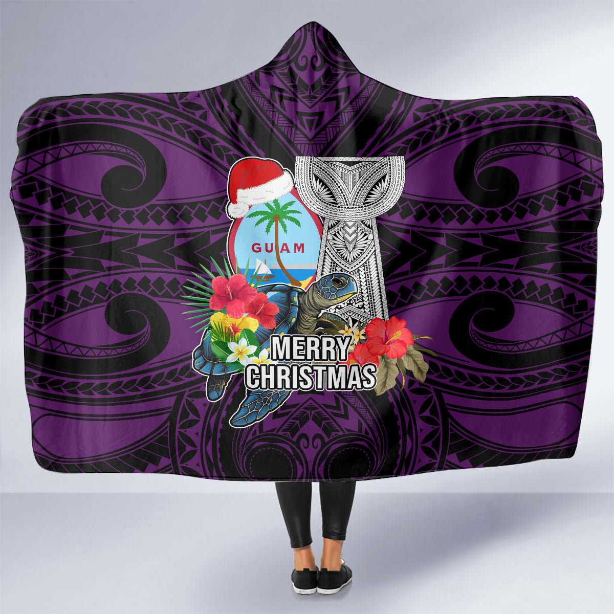 Guam Christmas Hooded Blanket Santa Gift Latte Stone and Sea Turle Mix Hibiscus Chamorro Pink Style LT03 - Polynesian Pride
