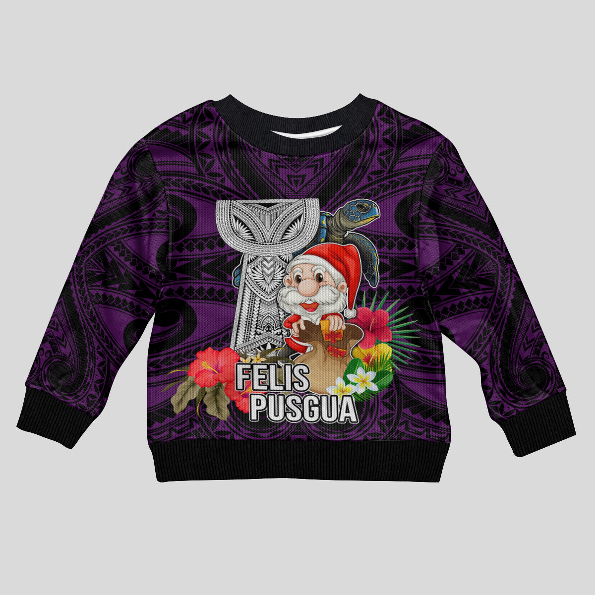 Guam Christmas Kid Ugly Christmas Sweater Santa Gift Latte Stone and Sea Turle Mix Hibiscus Chamorro Pink Style LT03 Kid Pink - Polynesian Pride