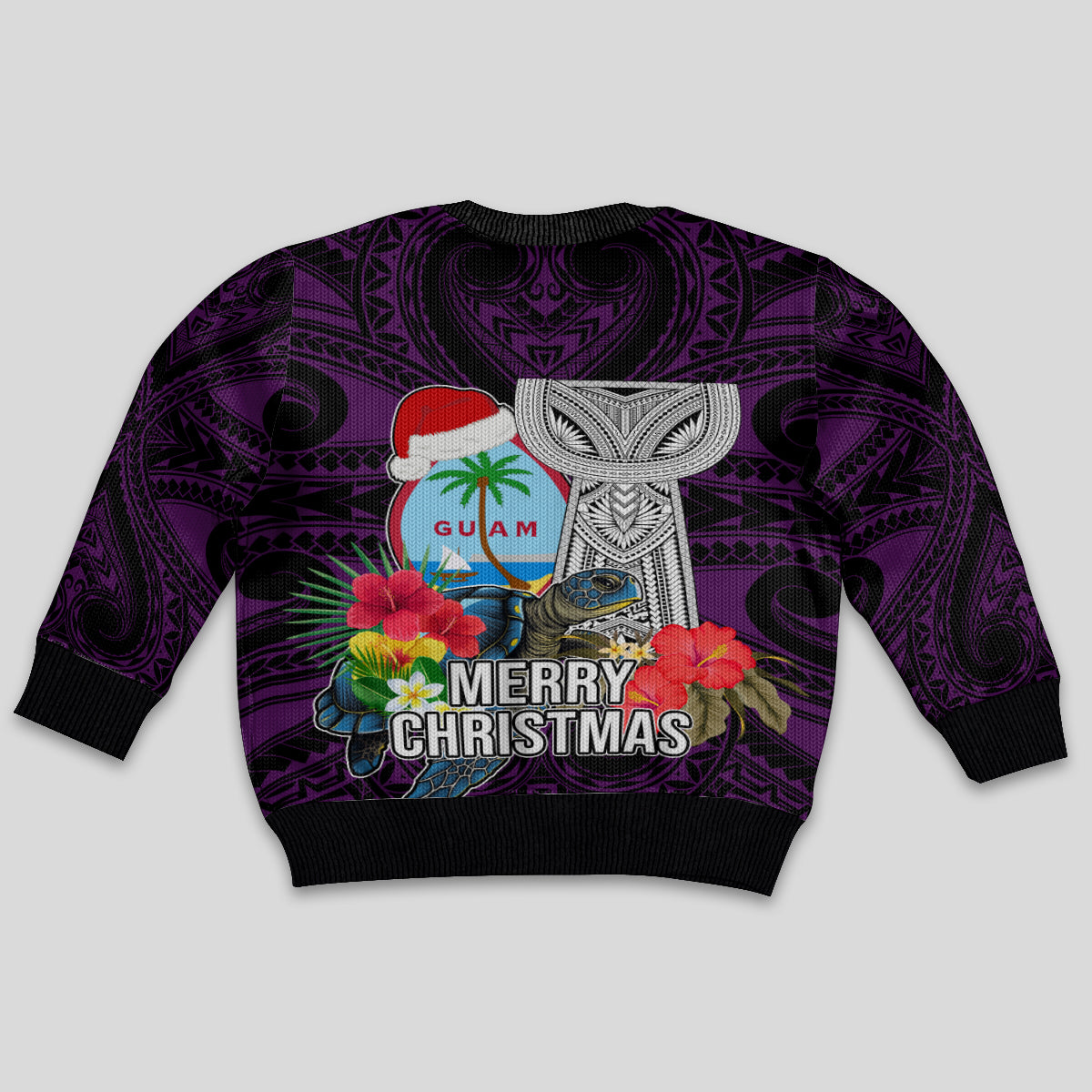 Guam Christmas Kid Ugly Christmas Sweater Santa Gift Latte Stone and Sea Turle Mix Hibiscus Chamorro Pink Style LT03 - Polynesian Pride