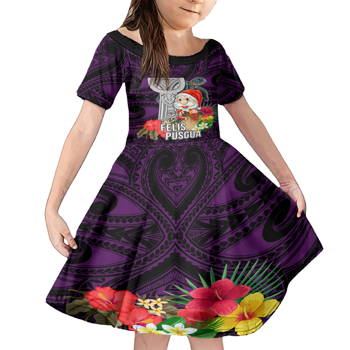 Guam Christmas Kid Short Sleeve Dress Santa Gift Latte Stone and Sea Turle Mix Hibiscus Chamorro Pink Style LT03 KID Pink - Polynesian Pride