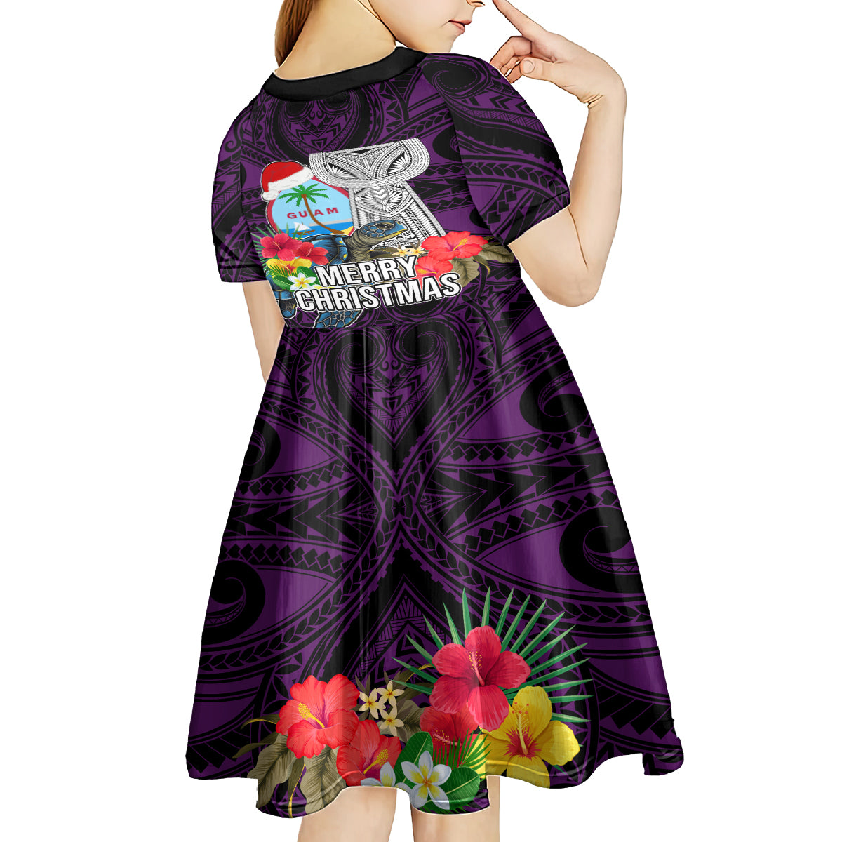 Guam Christmas Kid Short Sleeve Dress Santa Gift Latte Stone and Sea Turle Mix Hibiscus Chamorro Pink Style LT03 - Polynesian Pride