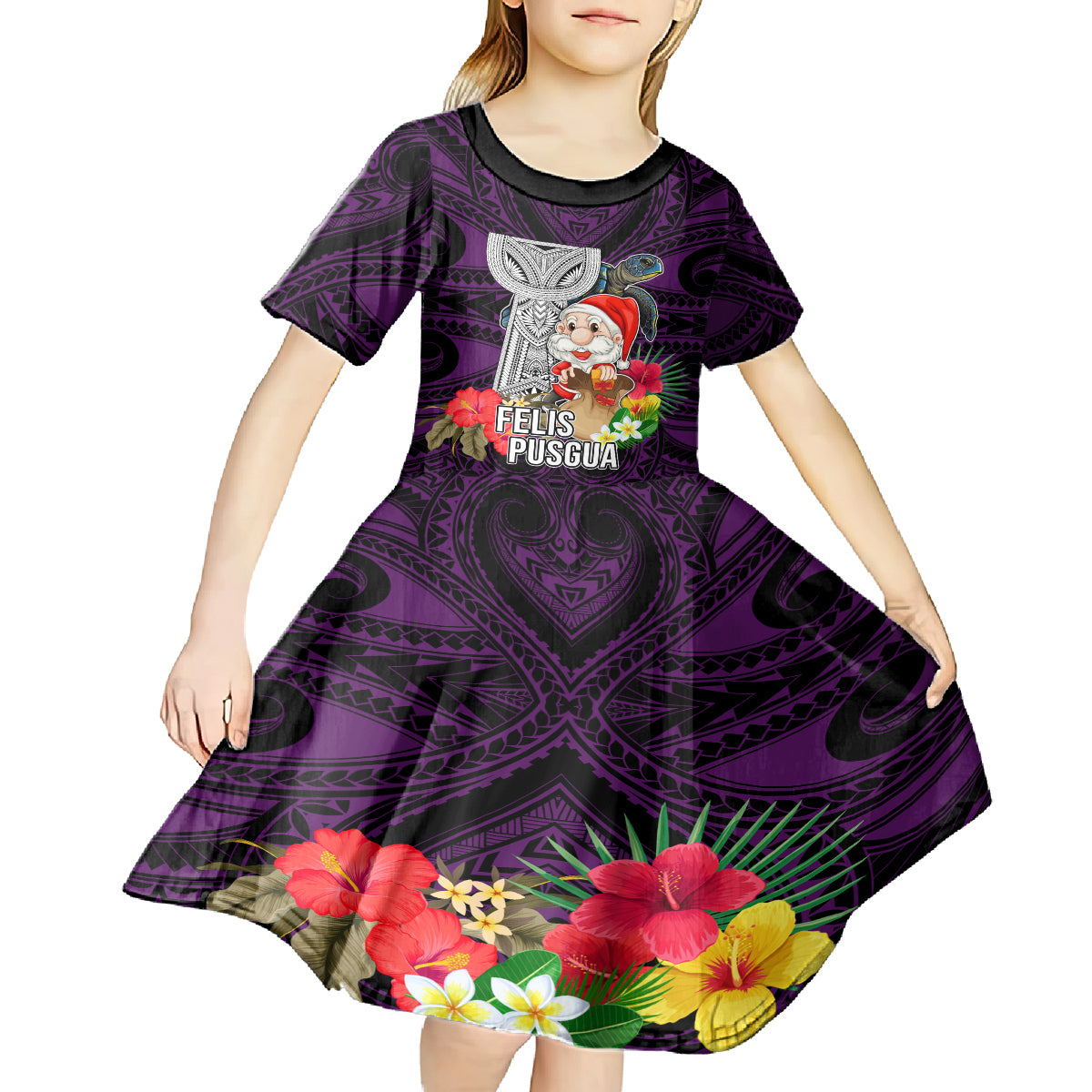 Guam Christmas Kid Short Sleeve Dress Santa Gift Latte Stone and Sea Turle Mix Hibiscus Chamorro Pink Style LT03 - Polynesian Pride