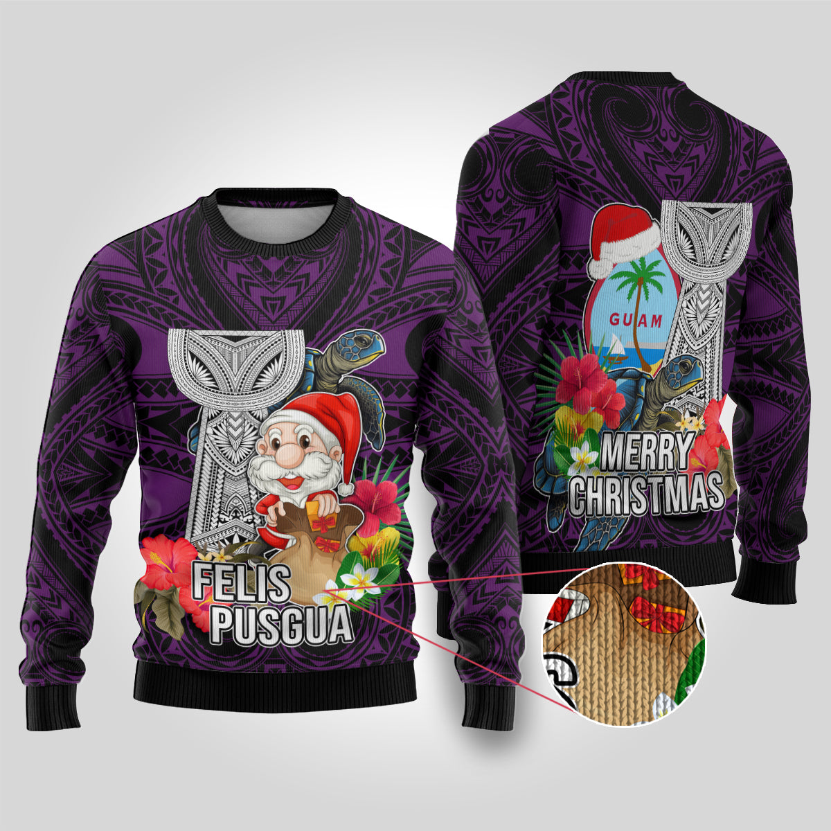 Guam Christmas Ugly Christmas Sweater Santa Gift Latte Stone and Sea Turle Mix Hibiscus Chamorro Pink Style LT03 Pink - Polynesian Pride