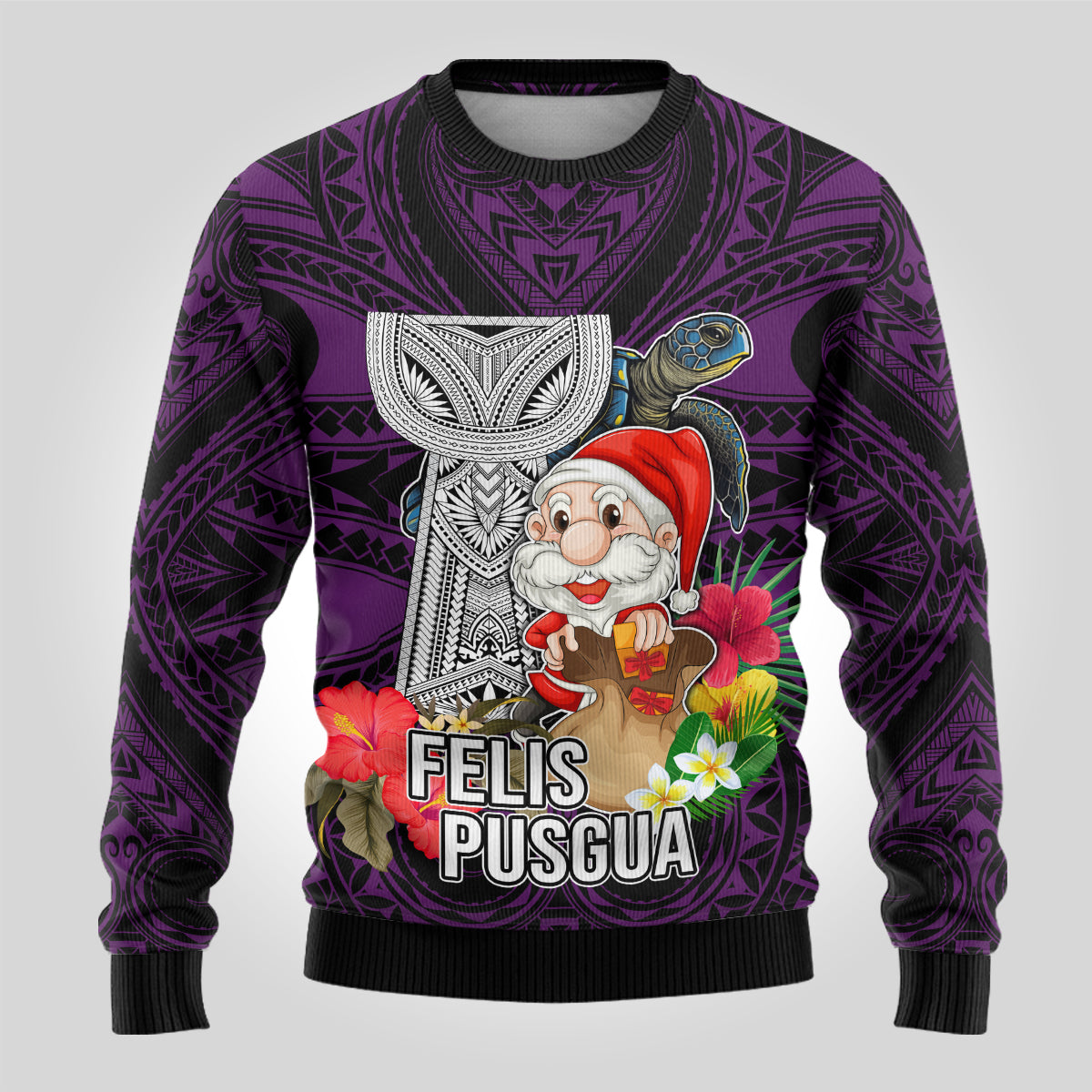 Guam Christmas Ugly Christmas Sweater Santa Gift Latte Stone and Sea Turle Mix Hibiscus Chamorro Pink Style LT03 - Polynesian Pride