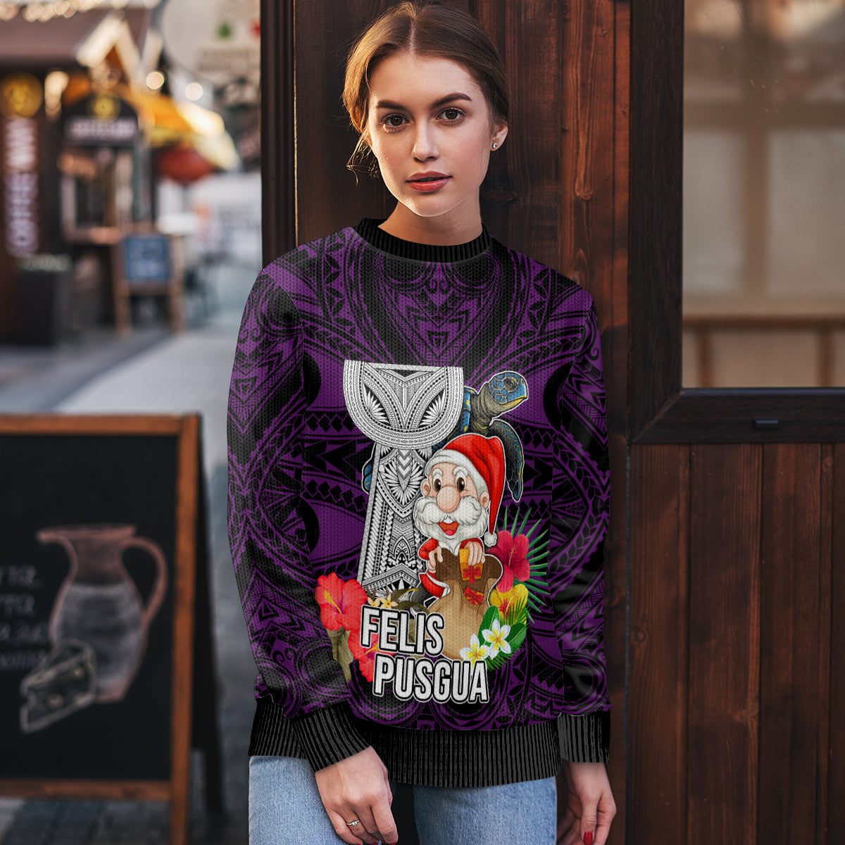 Guam Christmas Ugly Christmas Sweater Santa Gift Latte Stone and Sea Turle Mix Hibiscus Chamorro Pink Style LT03 - Polynesian Pride