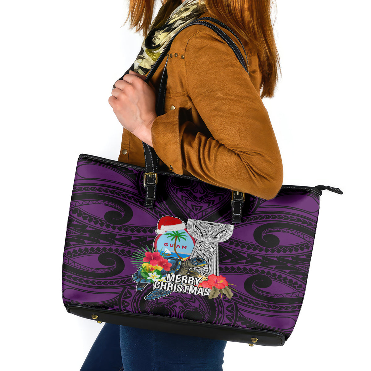 Guam Christmas Leather Tote Bag Santa Gift Latte Stone and Sea Turle Mix Hibiscus Chamorro Pink Style LT03 Pink - Polynesian Pride