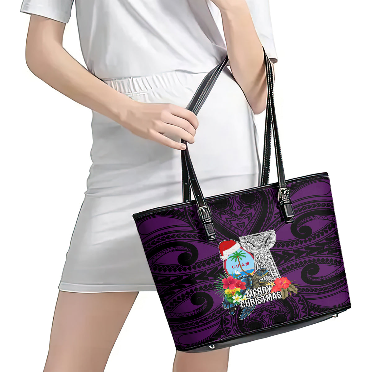 Guam Christmas Leather Tote Bag Santa Gift Latte Stone and Sea Turle Mix Hibiscus Chamorro Pink Style LT03 - Polynesian Pride