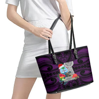 Guam Christmas Leather Tote Bag Santa Gift Latte Stone and Sea Turle Mix Hibiscus Chamorro Pink Style LT03 - Polynesian Pride