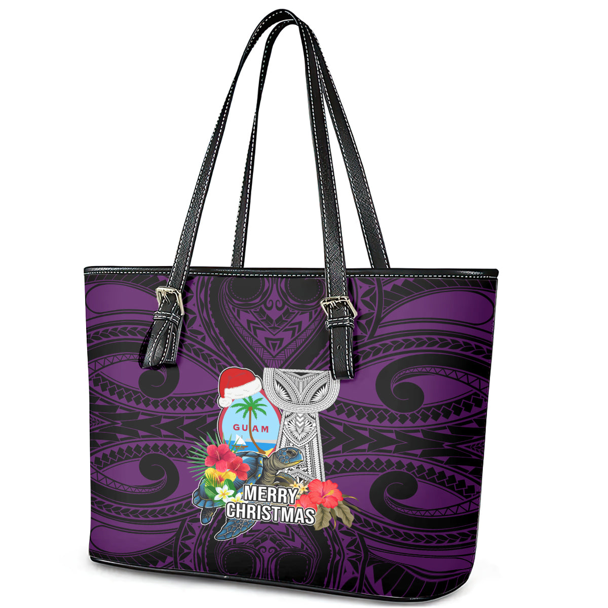 Guam Christmas Leather Tote Bag Santa Gift Latte Stone and Sea Turle Mix Hibiscus Chamorro Pink Style LT03 - Polynesian Pride