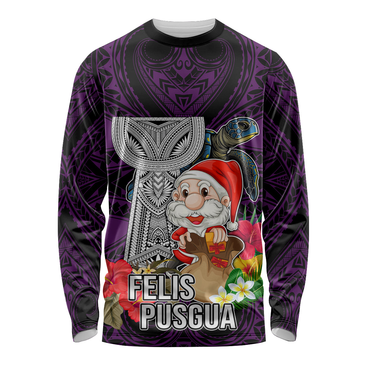 Guam Christmas Long Sleeve Shirt Santa Gift Latte Stone and Sea Turle Mix Hibiscus Chamorro Pink Style LT03 Unisex Pink - Polynesian Pride