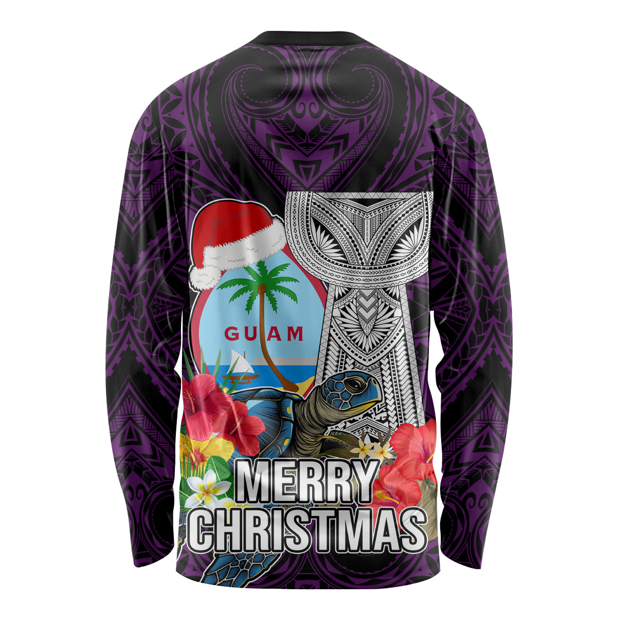 Guam Christmas Long Sleeve Shirt Santa Gift Latte Stone and Sea Turle Mix Hibiscus Chamorro Pink Style LT03 - Polynesian Pride
