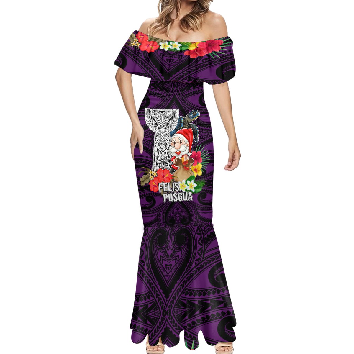 Guam Christmas Mermaid Dress Santa Gift Latte Stone and Sea Turle Mix Hibiscus Chamorro Pink Style LT03 - Polynesian Pride