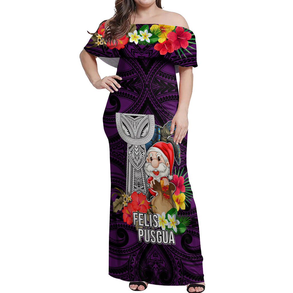 Guam Christmas Off Shoulder Maxi Dress Santa Gift Latte Stone and Sea Turle Mix Hibiscus Chamorro Pink Style LT03 Women Pink - Polynesian Pride