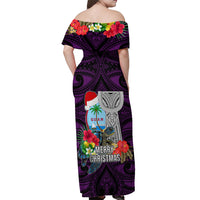 Guam Christmas Off Shoulder Maxi Dress Santa Gift Latte Stone and Sea Turle Mix Hibiscus Chamorro Pink Style LT03 - Polynesian Pride
