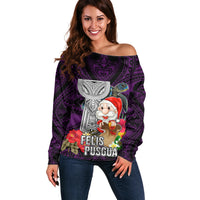 Guam Christmas Off Shoulder Sweater Santa Gift Latte Stone and Sea Turle Mix Hibiscus Chamorro Pink Style LT03 Women Pink - Polynesian Pride
