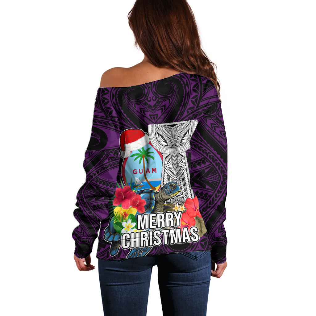 Guam Christmas Off Shoulder Sweater Santa Gift Latte Stone and Sea Turle Mix Hibiscus Chamorro Pink Style LT03 - Polynesian Pride