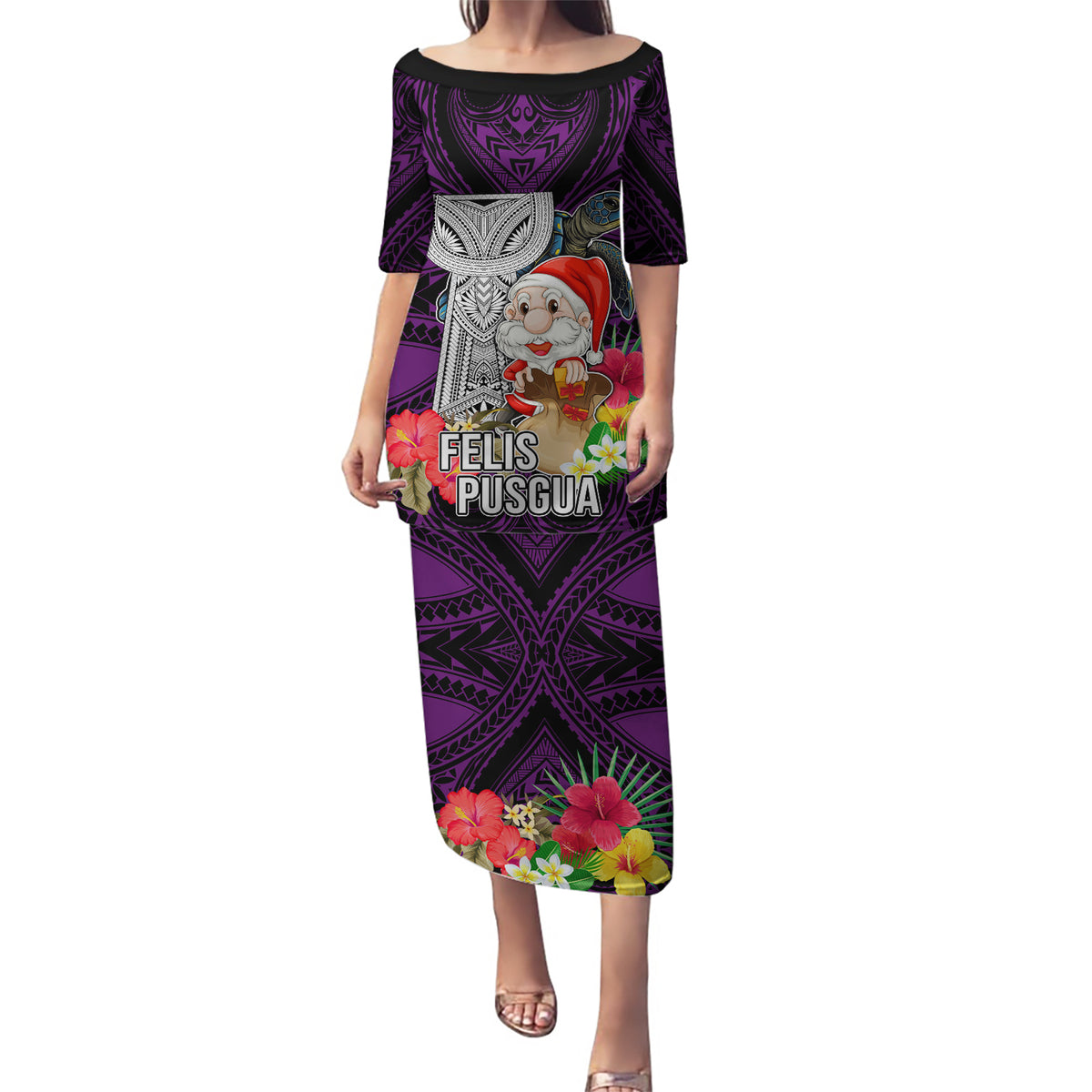 Guam Christmas Puletasi Santa Gift Latte Stone and Sea Turle Mix Hibiscus Chamorro Pink Style LT03 Long Dress Pink - Polynesian Pride