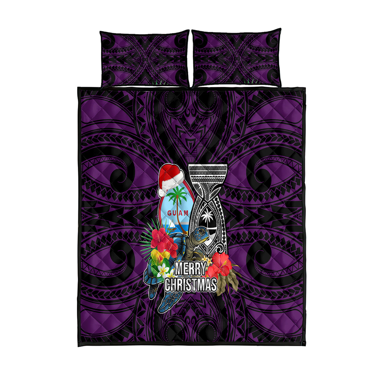 Guam Christmas Quilt Bed Set Santa Gift Latte Stone and Sea Turle Mix Hibiscus Chamorro Pink Style LT03
