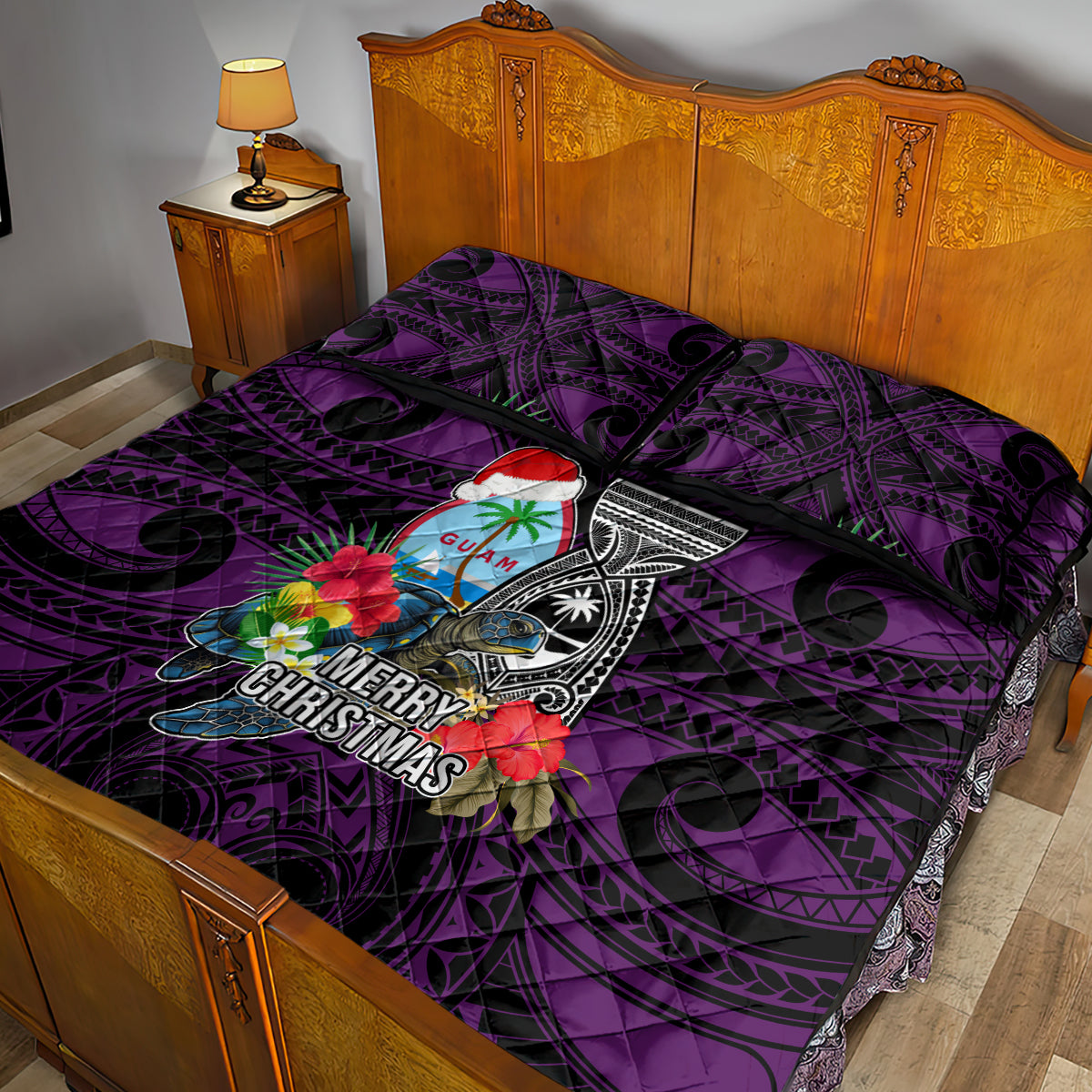Guam Christmas Quilt Bed Set Santa Gift Latte Stone and Sea Turle Mix Hibiscus Chamorro Pink Style LT03