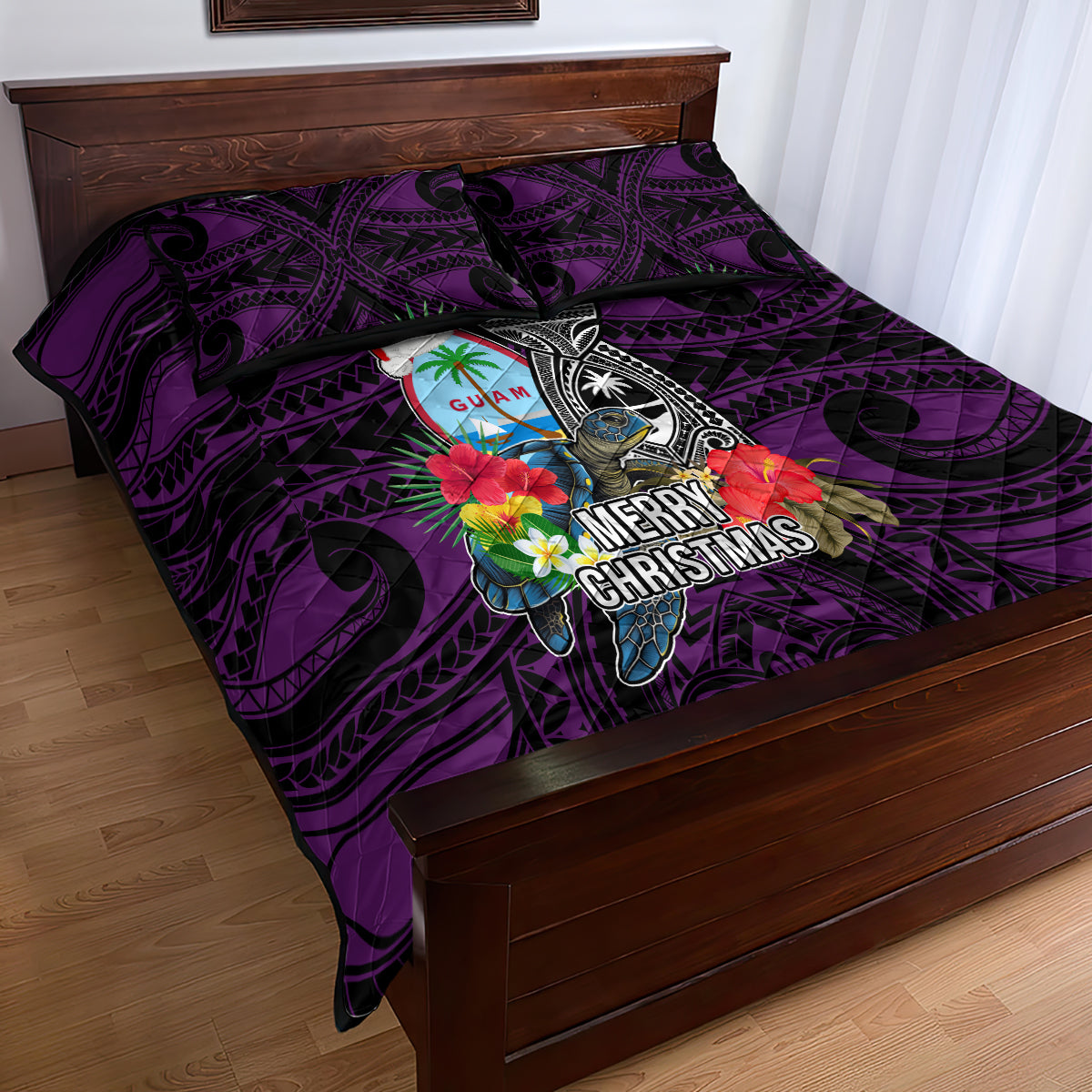 Guam Christmas Quilt Bed Set Santa Gift Latte Stone and Sea Turle Mix Hibiscus Chamorro Pink Style LT03