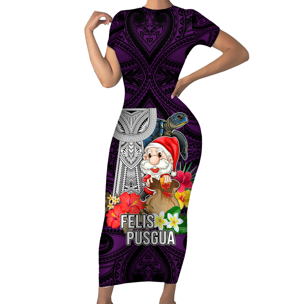 Guam Christmas Short Sleeve Bodycon Dress Santa Gift Latte Stone and Sea Turle Mix Hibiscus Chamorro Pink Style LT03 Long Dress Pink - Polynesian Pride